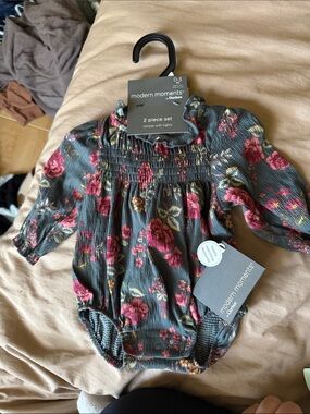 Gerber Floral Smocked Romper Set in Charcoal and Pink